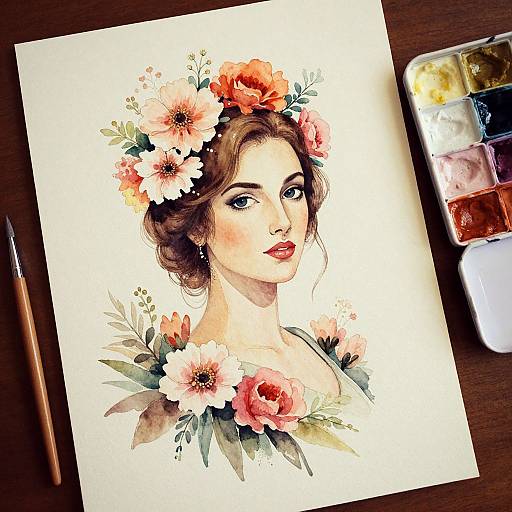 Watercolor portrait of a fair-skinned woman with red flowers in her hair and around her neck, lying on a wooden surface with a paint palette and