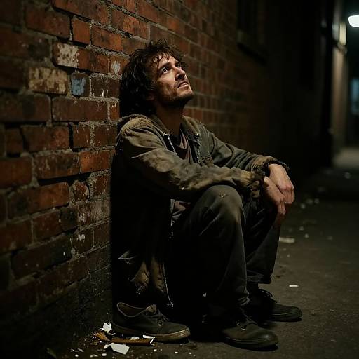 Photograph of a disheveled man with messy hair, wearing a dirty jacket and pants, sitting against a dimly lit brick wall, looking upwards
