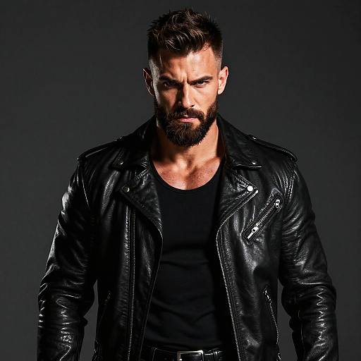 Photograph of a muscular bearded man with dark hair, wearing a black leather jacket over a black shirt, against a dark gradient background. Intense
