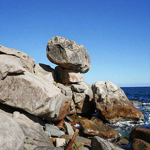 Photograph of a large, balanced rock formation on a rocky coastal cliff under a clear blue sky, with dark blue ocean waves below.