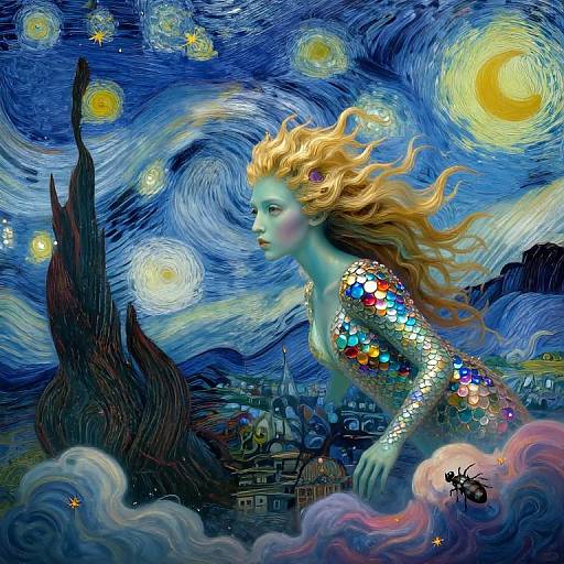 Digital painting of a blonde, ethereal woman with shimmering, multicolored scales, floating in a vibrant, Starry Night-inspired, blue and