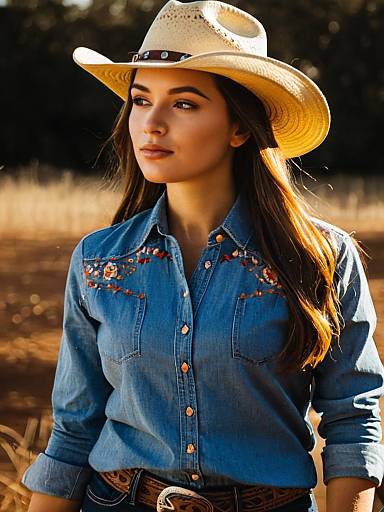 Woman Cowgirl in Denim Shirt