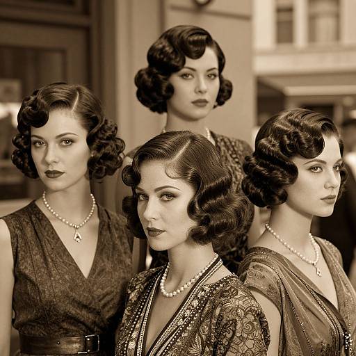 Vintage sepia photograph of four 1940s-style women with curled dark hair, wearing elegant dresses and pearl necklaces, standing in a sophisticated urban