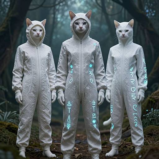 Photograph of three white cats in white, hooded, textured, glow-accented suits standing in a dark, foggy forest.