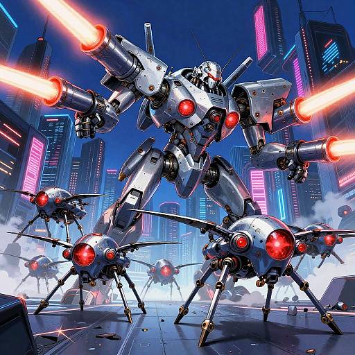 Digital art of futuristic city battle: Metallic, robotic mecha with glowing red eyes and cannons battles quadcopter drones, neon-lit skyscrapers