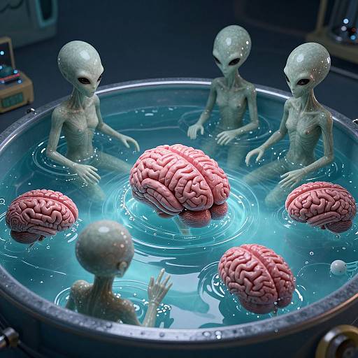 Photorealistic CGI: Four green-skinned, alien-like creatures with large heads sit in a glowing blue circular water basin, surrounded by floating human brains