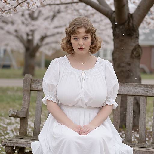 Photograph of a fair-skinned woman with curly brown hair in a white vintage dress, sitting on a wooden bench in a cherry blossom park.