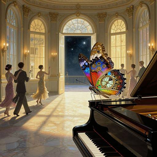 Digital artwork: Vibrant, multicolored butterfly on grand piano in elegant, sunlit ballroom; silhouetted dancers in vintage attire,