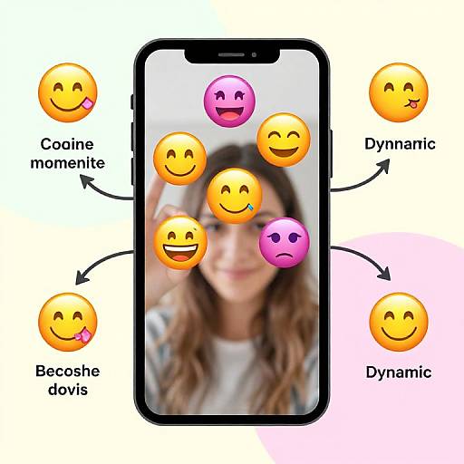 Photograph of a smartphone screen showing a woman's face with six emoji overlays labeled 