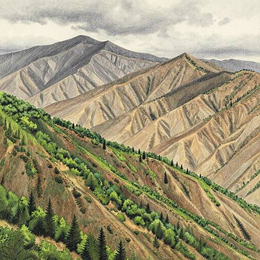 Colorful mountain landscape with green forested slopes in the foreground, transitioning to brown, rugged hills and peaks under a cloudy sky. Digital art.