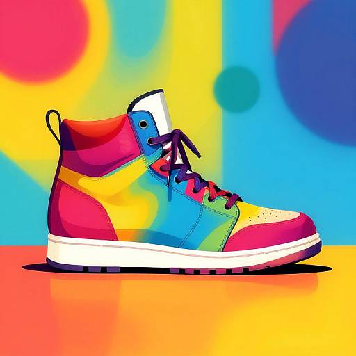 Brightly colored, high-top sneaker with red, blue, yellow, and pink panels, white laces, and white sole, set against a