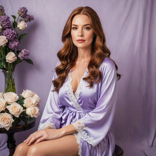 Woman in Lavender Satin Robe with Flowers