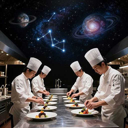 Photograph of four male chefs in white uniforms and hats, meticulously plating gourmet dishes in a futuristic kitchen with a starry galaxy ceiling.