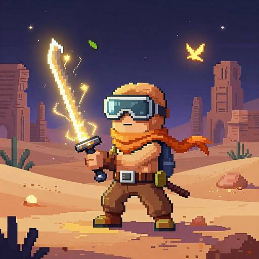 Pixel art of a masked, orange-scarf-wearing adventurer firing a glowing lightning gun in a desert with cacti and rock formations, with