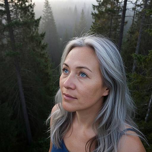 Photograph of a fair-skinned woman with silver-gray hair, blue eyes, wearing a blue top, standing in a misty forest.