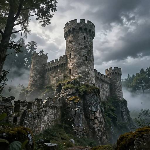 Photograph of a medieval stone castle with tall cylindrical towers, surrounded by misty forest and dense foliage under a cloudy sky.
