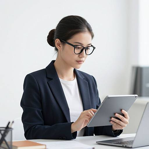 Photograph of an Asian woman with dark hair in a bun, wearing black glasses and a black blazer over a white shirt, using a tablet at