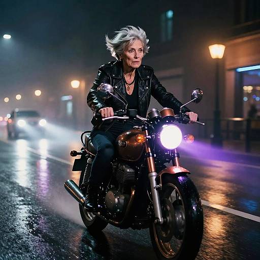 Elderly Woman on Neon-Lit Vintage Motorcycle