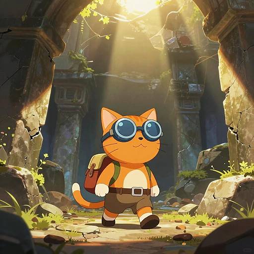 Cartoon orange cat with blue goggles, brown shorts, and backpack stands in sunlit, ancient ruins. Sunbeams filter through broken archways.