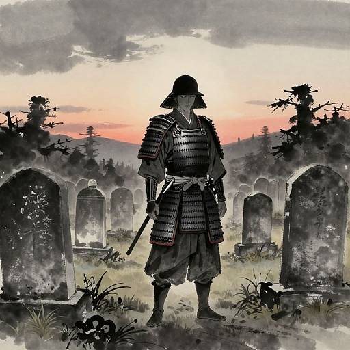 Digital painting of a samurai in full armor standing in a misty graveyard at sunset, holding a sword, with tombstones in the background.
