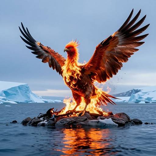 Photograph of a fiery, majestic bird with outstretched wings standing on a rock in icy waters, surrounded by floating icebergs.