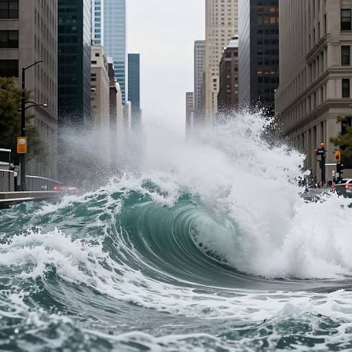 Photograph of a powerful ocean wave crashing in the middle of a busy urban street, surrounded by tall skyscrapers and city traffic.