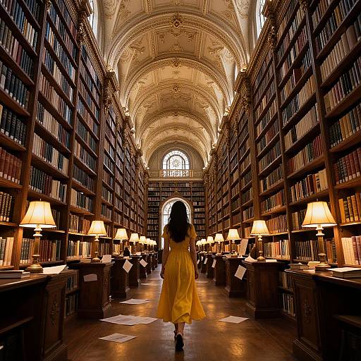 Photograph of a woman in a yellow dress walking down a grand, illuminated library aisle with tall bookshelves and lit lamps.