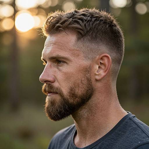 Photograph of a bearded, brown-haired man in profile, wearing a dark gray shirt, with sunlight filtering through a forest background.