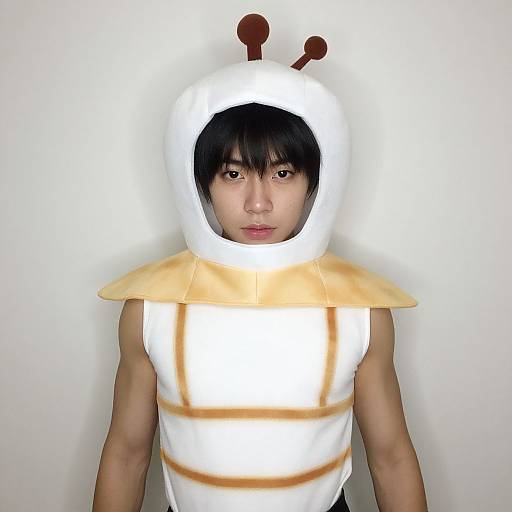 Photograph of an Asian man with short black hair, wearing a white, sleeveless, bee-themed costume with yellow shoulders and red antennae.