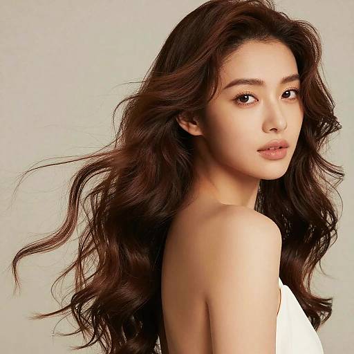 Photograph of a young Asian woman with long, wavy brown hair, light skin, and soft makeup, wearing a white strapless top, looking