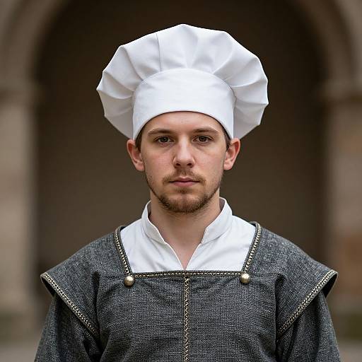 Photograph of a young man with light skin, short beard, wearing a white chef hat and dark medieval-style jacket with white shirt. Blurred stone
