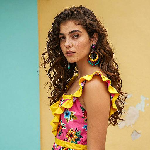 Young Woman in Vibrant Floral Dress