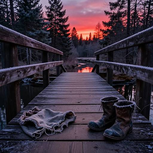Photograph of a wooden bridge at sunset, with snow-covered rails, a frayed blanket, and winter boots in the foreground, reflecting a vibrant red