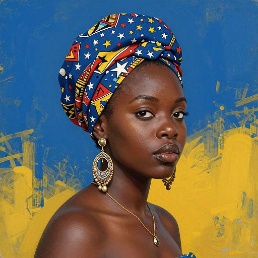 Photograph of a dark-skinned woman with a colorful, patterned headwrap, large circular earrings, and gold necklace, against a vibrant blue and