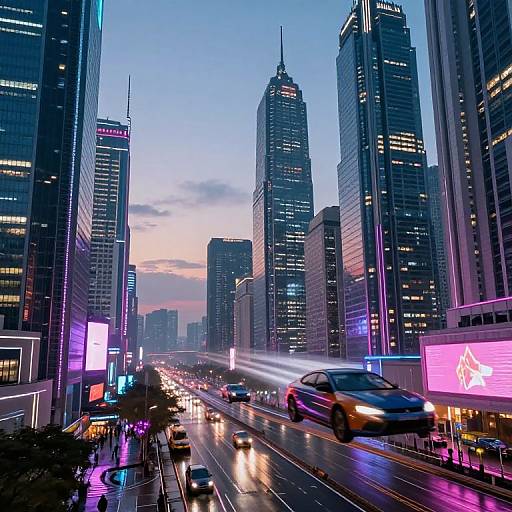 Photograph of a vibrant, neon-lit urban cityscape at dusk, featuring tall skyscrapers, illuminated billboards, and busy, wet streets