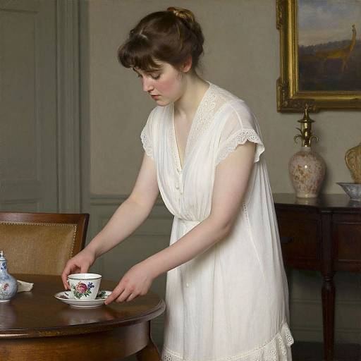 Woman in Vintage Gown with Floral Cup