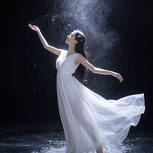 Photograph of a graceful woman in a flowing white dress, arms raised, water droplets illuminated against a black background.