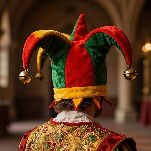Photograph of a person from behind wearing a red, green, and yellow jester hat with bell tassels, ornate gold and green embroidered