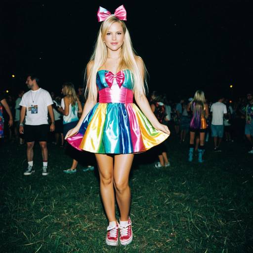 Young Woman in Colorful Rave Dress with Bow