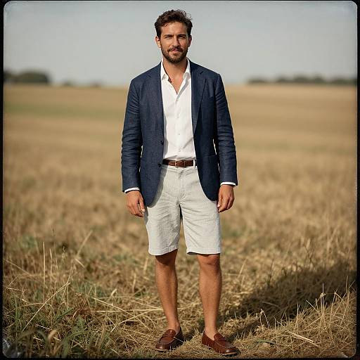 Photograph of a bearded man in a navy blazer, white shirt, white shorts, brown belt, and loafers, standing in a dry