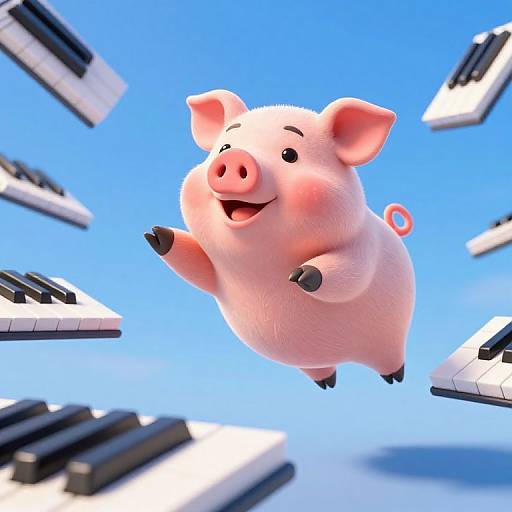 CGI image of a joyful, pink, cartoon pig floating mid-air against a bright blue sky, surrounded by floating black and white piano keys.