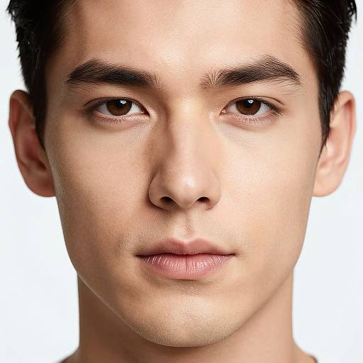 Close-up photograph of a young man with light olive skin, dark brown eyes, straight black hair, and neutral expression against a white background.
