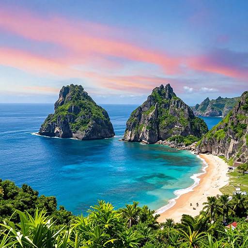 Photograph of a vibrant tropical beach with turquoise water, two lush green islands, and a golden sandy shore under a pink and blue sunset sky.