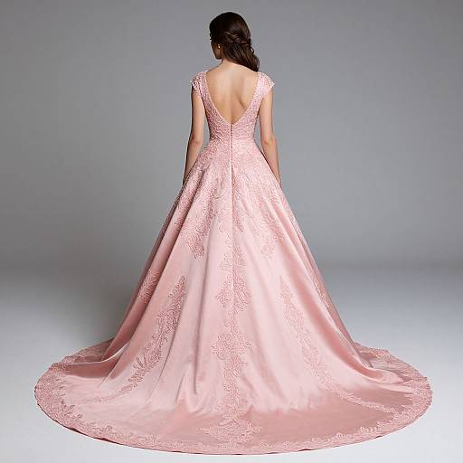 Photograph of a woman with dark hair in an elegant, backless, pink satin ball gown with lace detailing, standing against a plain gray background.