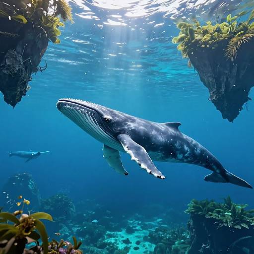 Photograph of a majestic blue whale swimming beneath underwater cliffs adorned with green algae, surrounded by sunlight filtering through clear, blue ocean water.