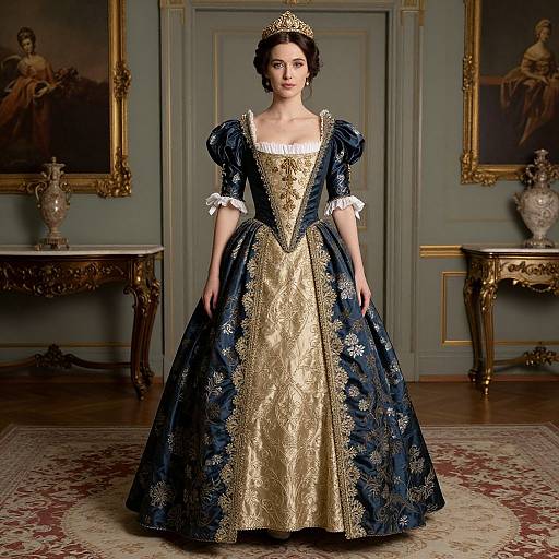 Photograph of a fair-skinned woman in an elaborate, dark blue and gold baroque-style gown with puffed sleeves, standing in a grand,