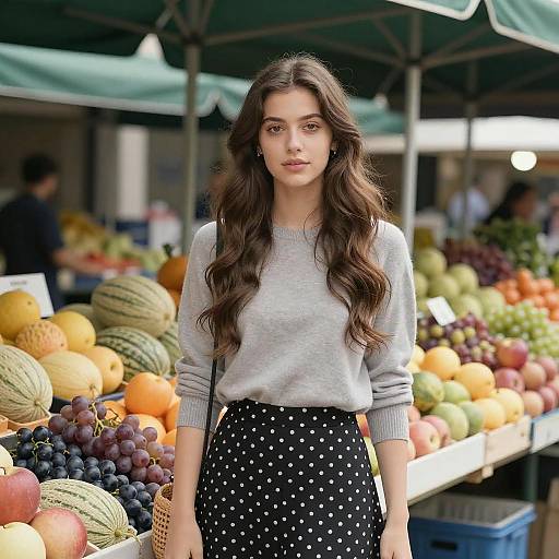 Photograph of a young woman with long brown hair, wearing a gray sweater and black polka dot skirt, standing in front of a colorful fruit market