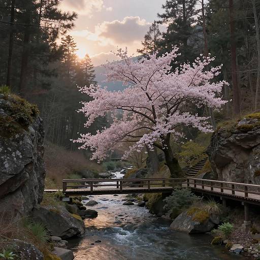 Serene Cherry Blossom Tree by River with Sunrise