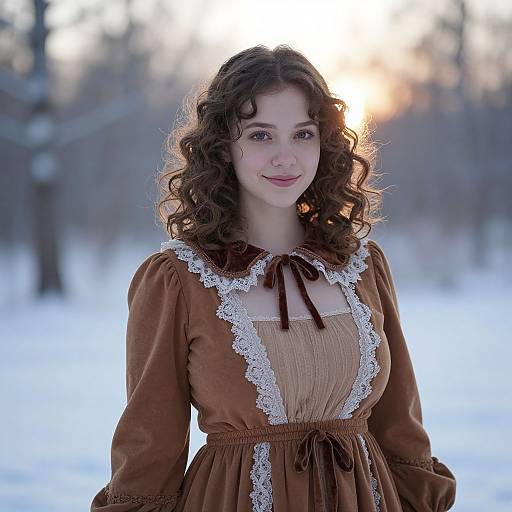 Young woman with curly brown hair, fair skin, wearing a brown Victorian-style dress with white lace, stands in a snowy forest at sunset. Photographic