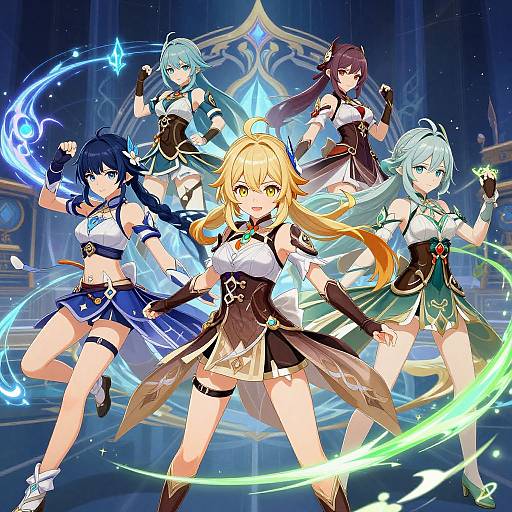 Digital anime artwork of five female characters with colorful hair, magical abilities, and detailed fantasy outfits, standing in a glowing, mystical background.